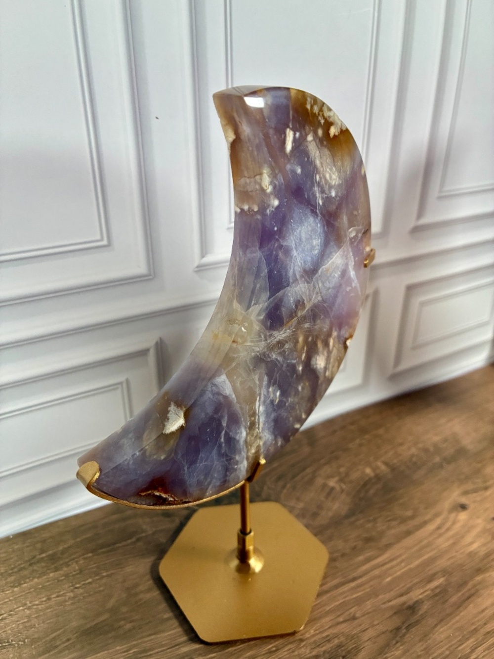 Lavender Purple Chalcedony Crescent Moon • Gold Stand Crystal Décor • Celestial - Picture 8 of 9